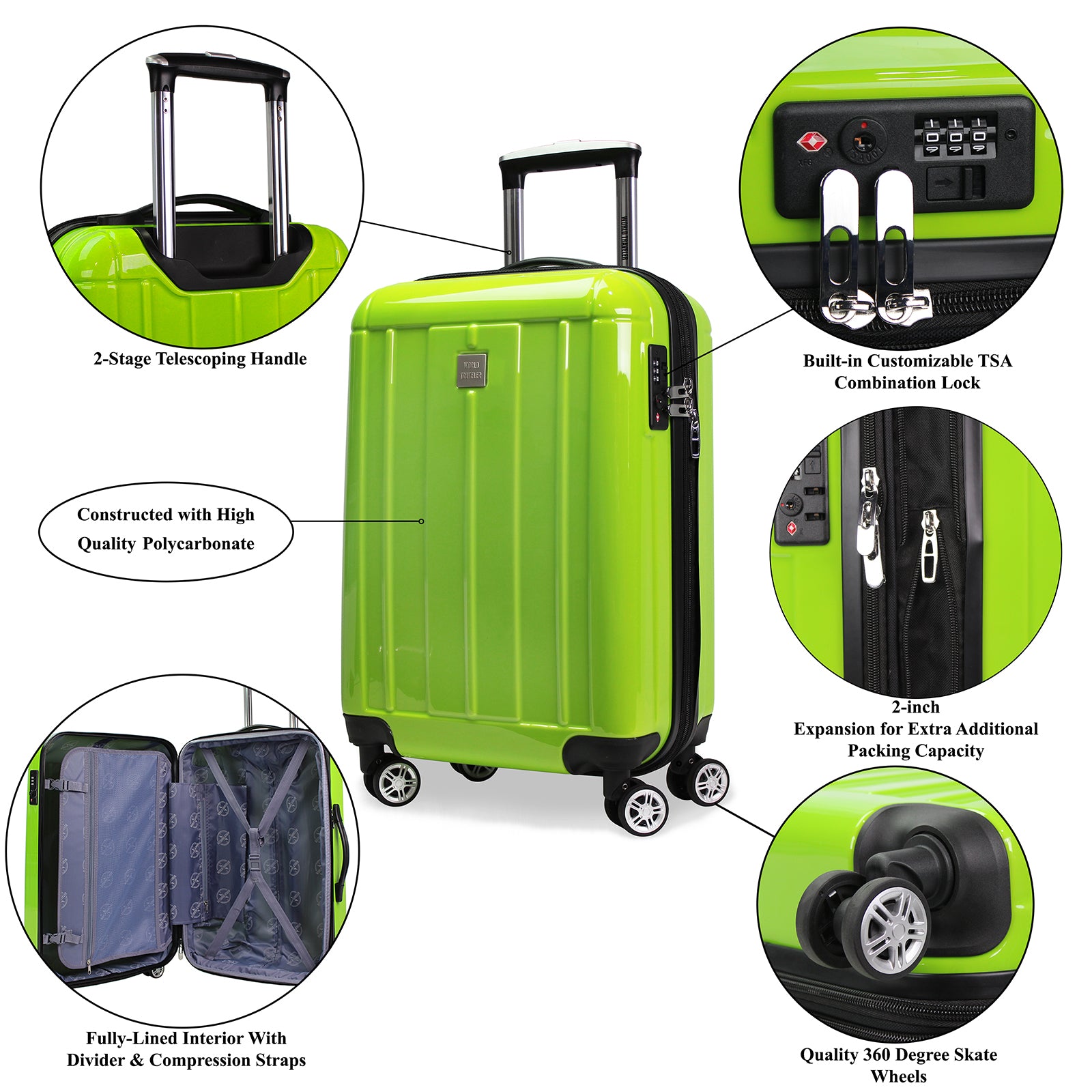 World Traveler Contour 24-Inch Lightweight Polycarbonate Hardside Expandable Spinner Luggage with TSA Lock - Apple Green